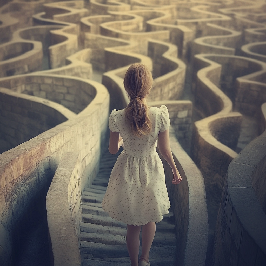 Illustration of a confused therapist wandering through a giant, twisting maze, representing a complicated and hard-to-navigate website.