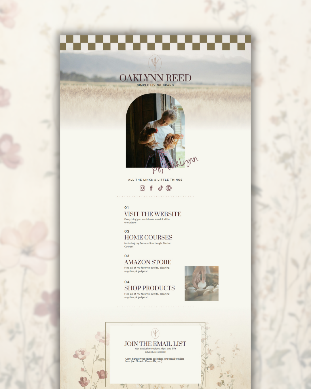 Minimalist link in bio template for Showit with email signup form, designed for simple living brands